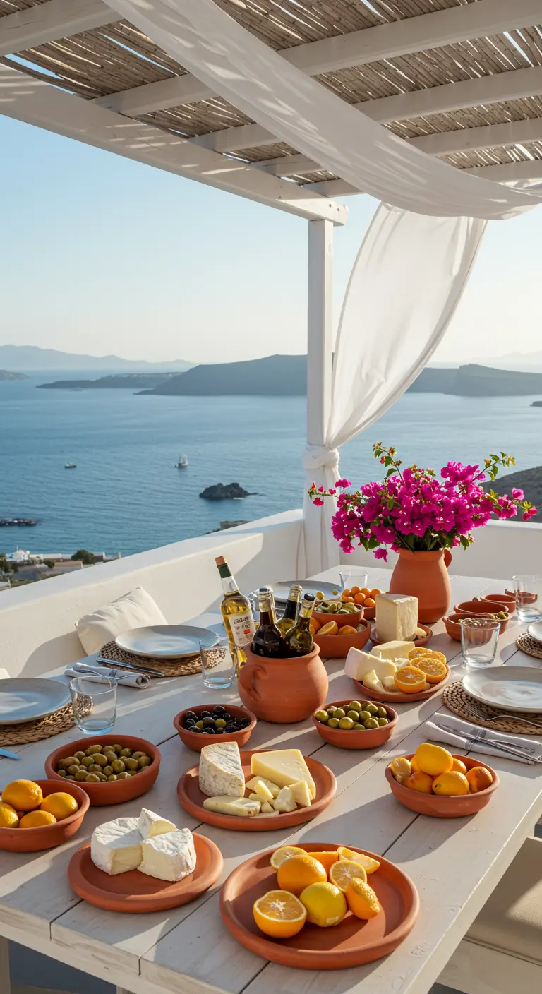 Mesa blanca con quesos y frutas en cuencos de terracota frente al mar.