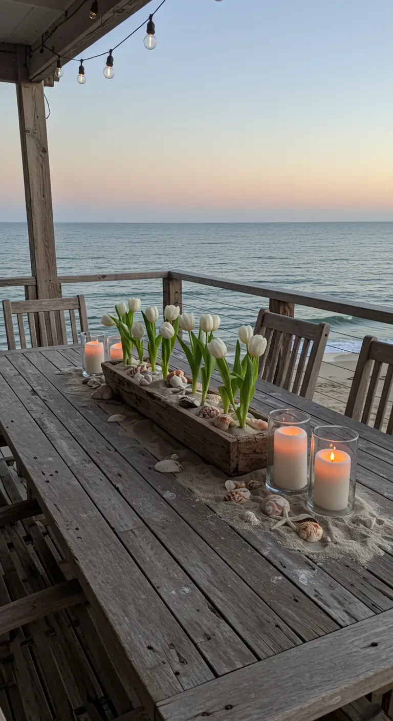 Mesa de madera en un porche frente al mar con un centro de tulipanes blancos y conchas.