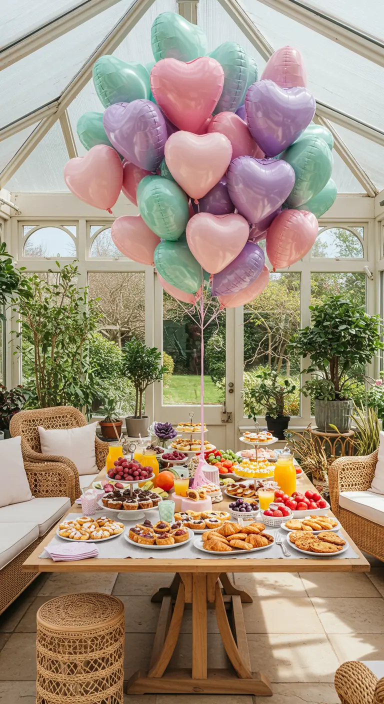 Ramo de globos de corazón en tonos pastel como centro de mesa para un brunch.