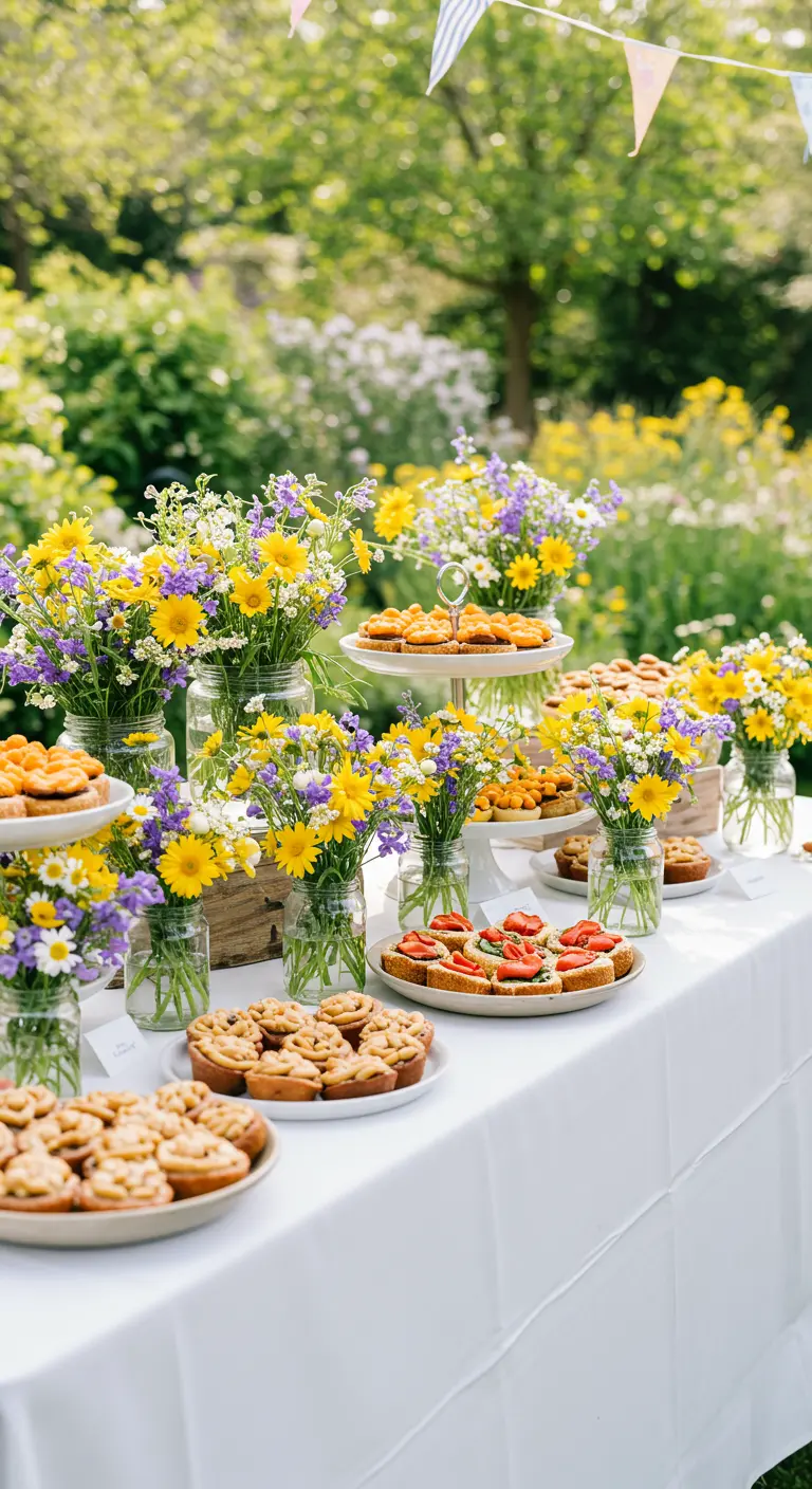 Mesa de buffet al aire libre decorada con frascos de vidrio llenos de flores amarillas y azules.