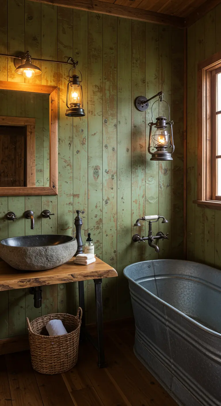 Baño rústico con paredes de madera verde desgastada y bañera de acero.