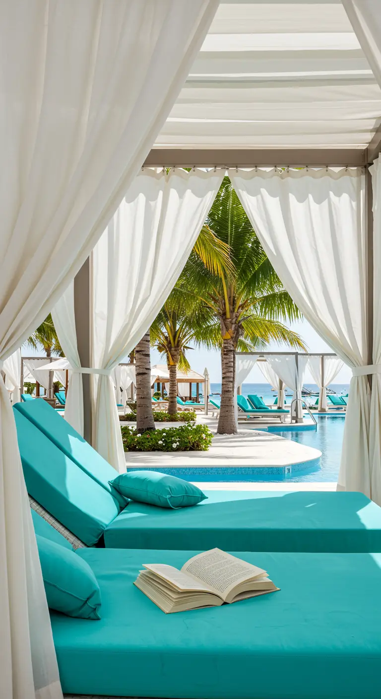 Cama balinesa con cortinas blancas y cojines turquesa junto a una piscina con palmeras.
