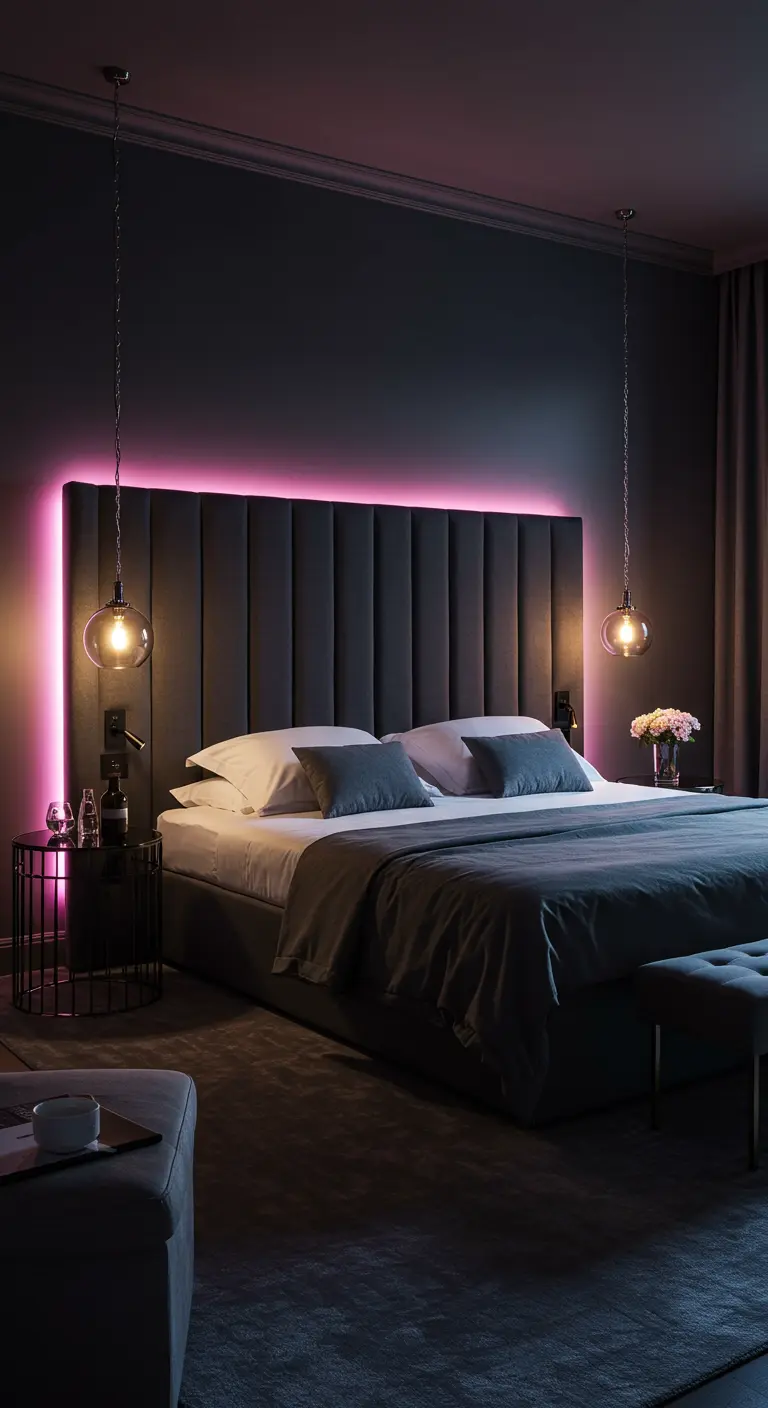 Dormitorio oscuro y elegante con cabecero tapizado retroiluminado con luz LED magenta.
