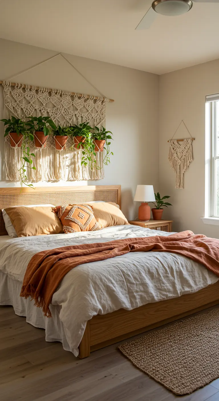 Dormitorio bohemio con un gran tapiz de macramé sobre la cama del que cuelgan varias plantas.