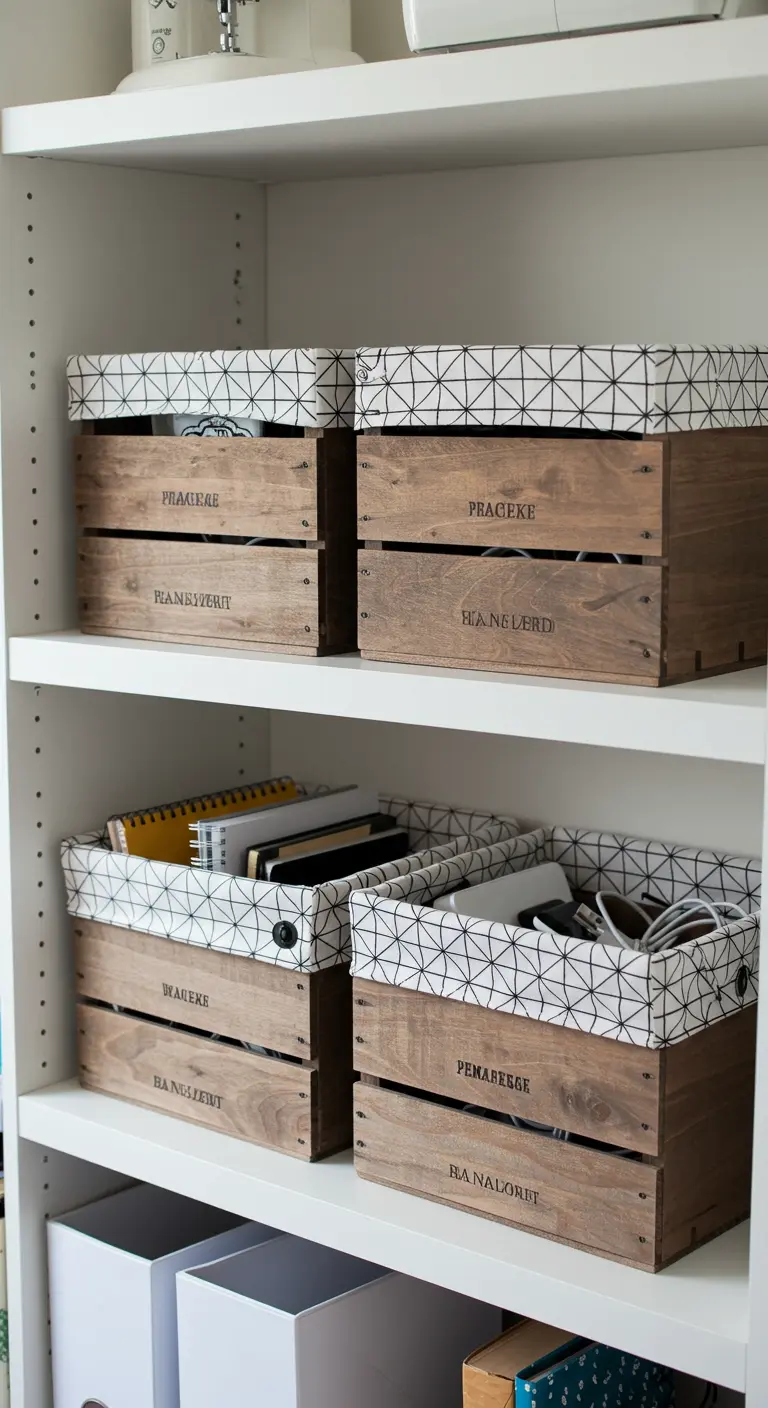 Cajas de vino con forros de tela con estampado geométrico en una estantería.