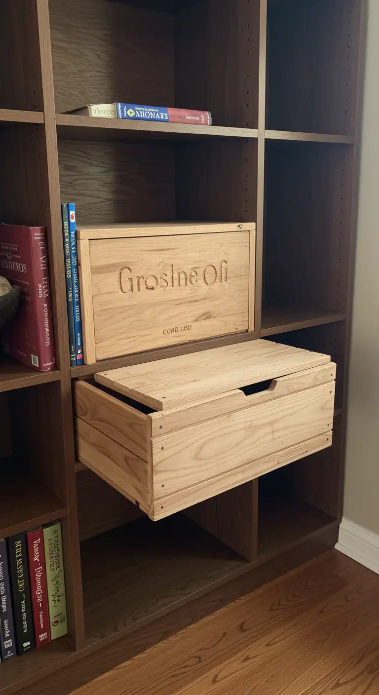 Cajas de vino con tapa usadas como cajones dentro de una estantería.