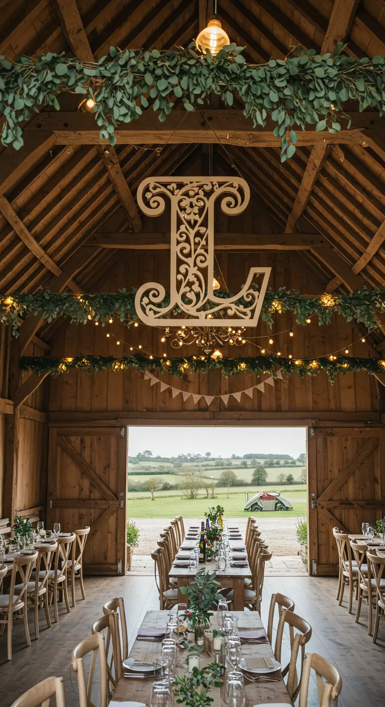 Letra 'L' ornamental de madera cortada con láser colgada en un granero rústico.