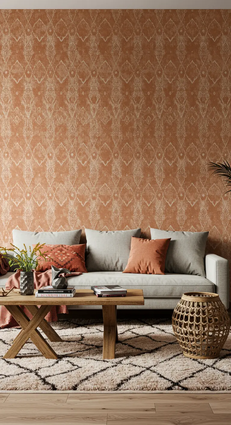 Sala de estar bohemia con papel tapiz de patrón ikat en tonos terracota y cojines a juego.