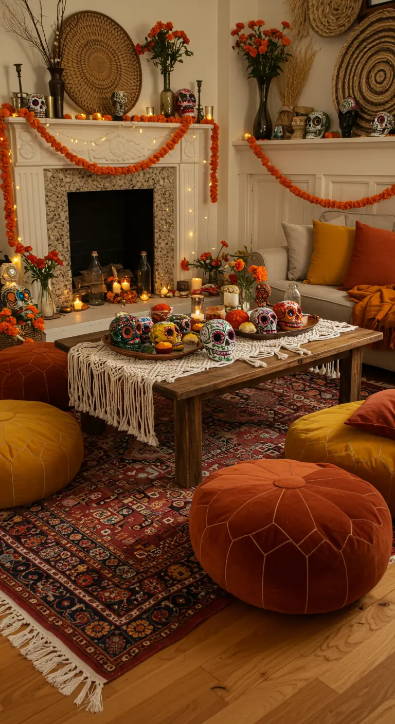 Sala de estar de estilo bohemio decorada para el Día de Muertos.