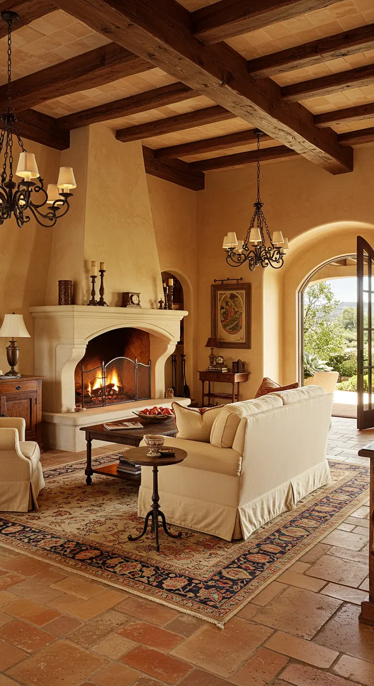 Sala de estar estilo toscano con chimenea de estuco, vigas de madera y suelo de terracota.