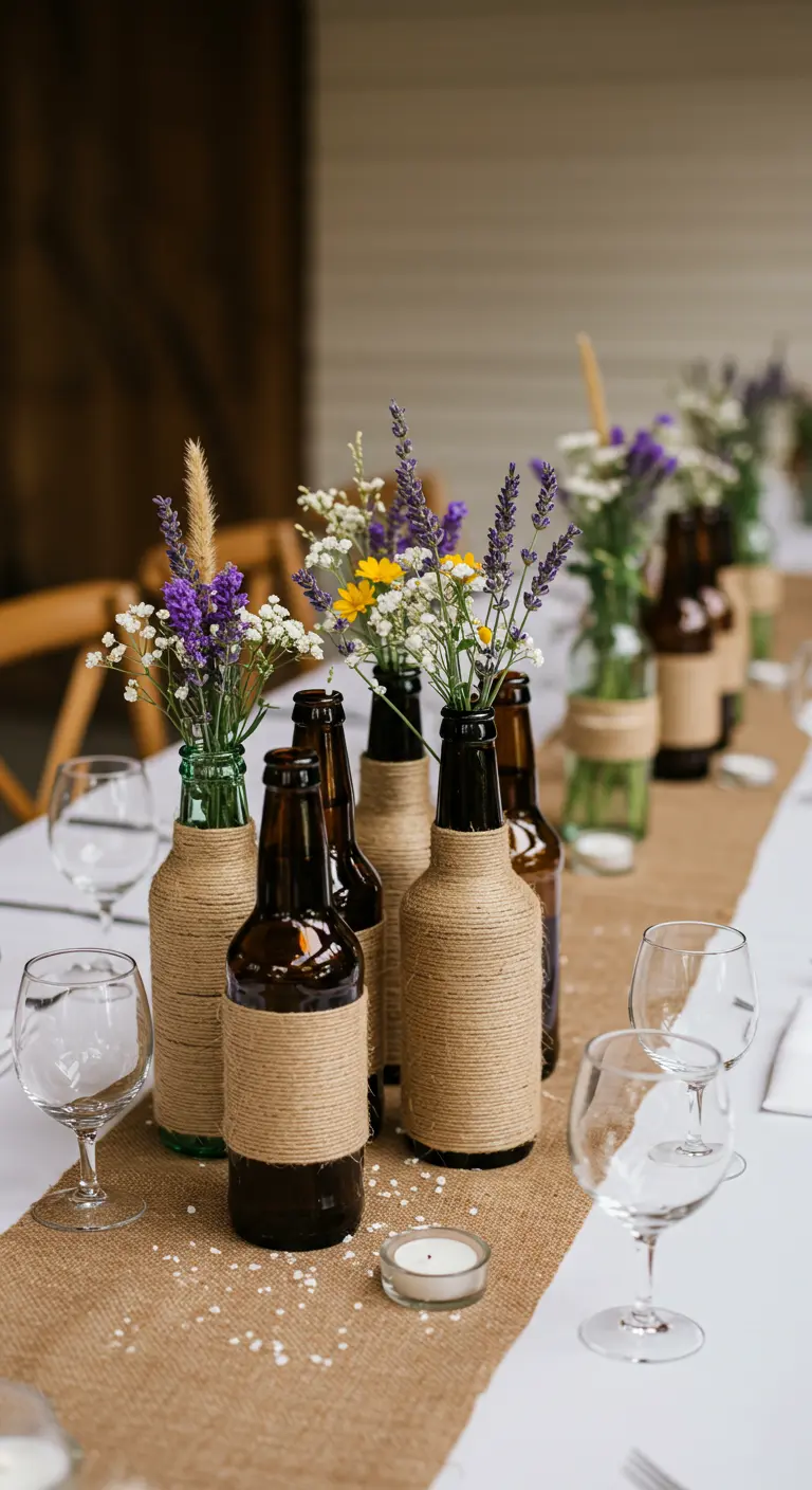 Centro de mesa rústico con botellas de cerveza envueltas en cuerda de yute y flores.