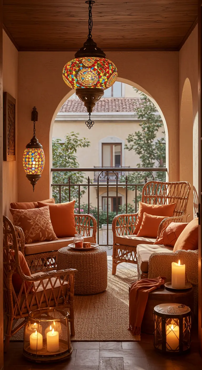Balcón acogedor con muebles de ratán, cojines naranjas, alfombra de yute y lámparas de mosaico