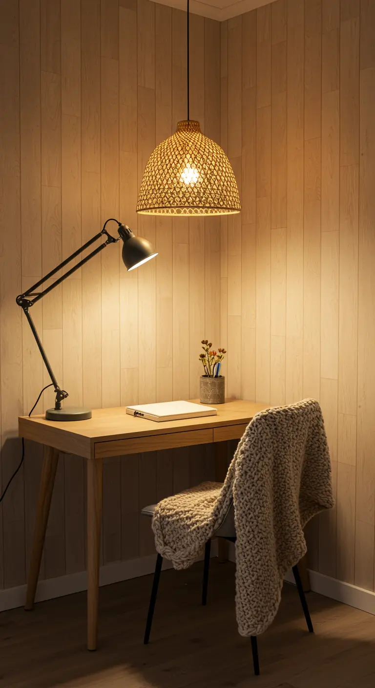 Escritorio de madera en esquina con papel de lamas de madera y lámpara de arquitecto.