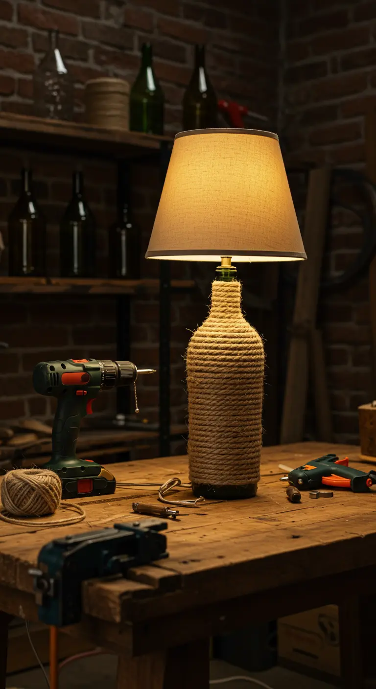 Lámpara DIY con base de botella de vidrio envuelta en cuerda de yute y pantalla de tela beige.