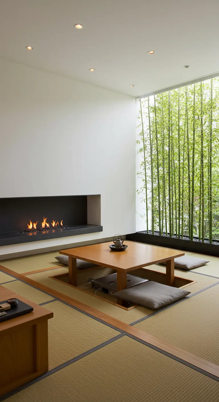 Sala japonesa con una mesa kotatsu hundida, suelo de tatami y chimenea moderna.
