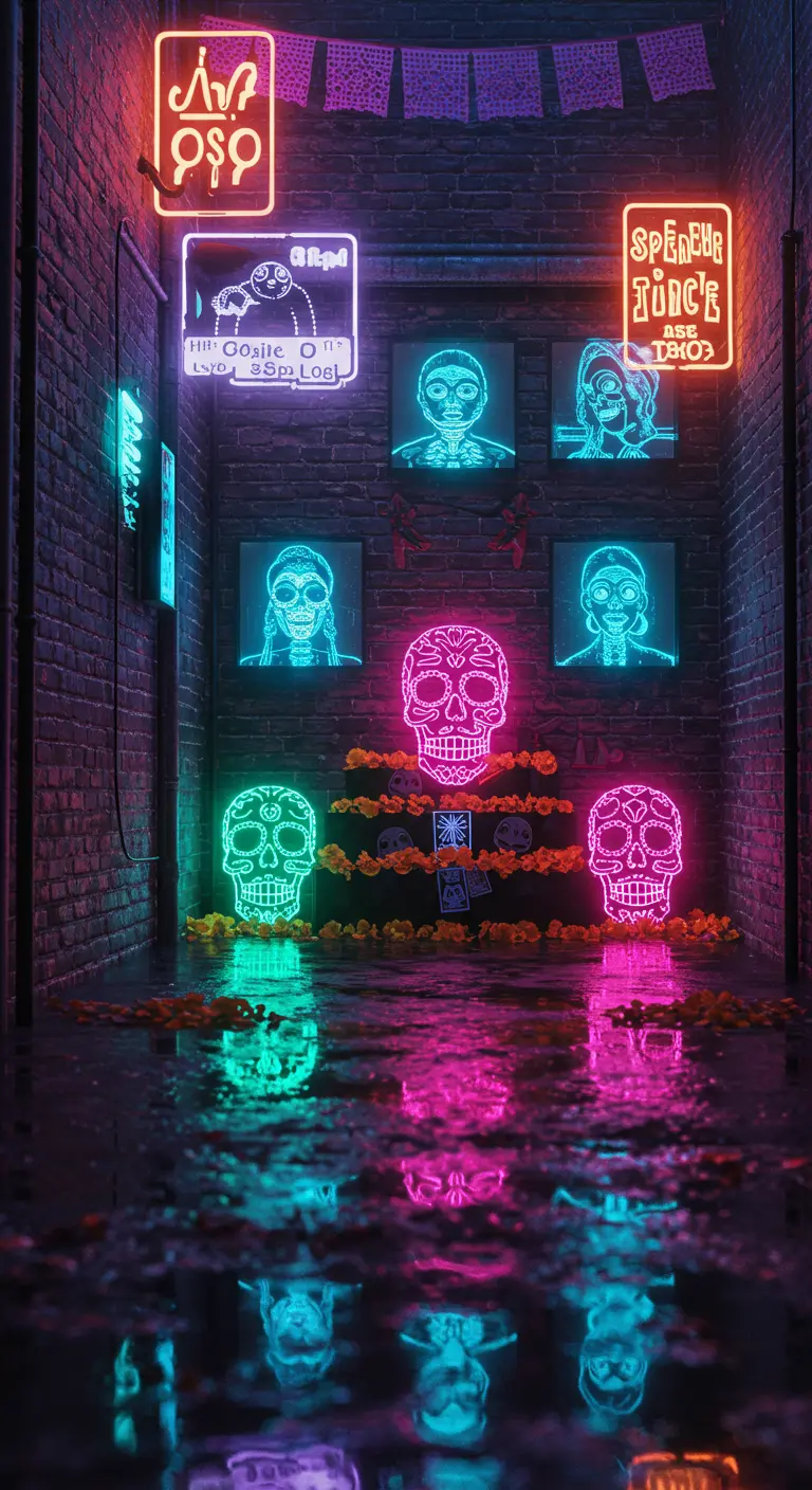 Altar en un callejón oscuro iluminado por calaveras y retratos de neón.