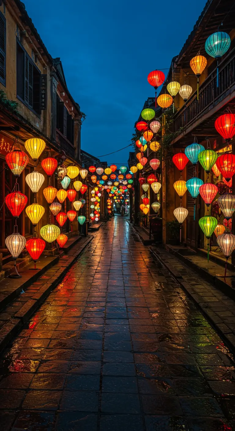 Callejón estrecho y húmedo iluminado por farolillos de seda de múltiples colores.