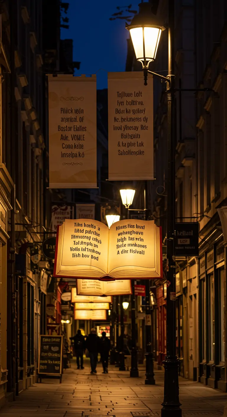 Callejón nocturno decorado con lámparas en forma de libro abierto y pancartas con texto.