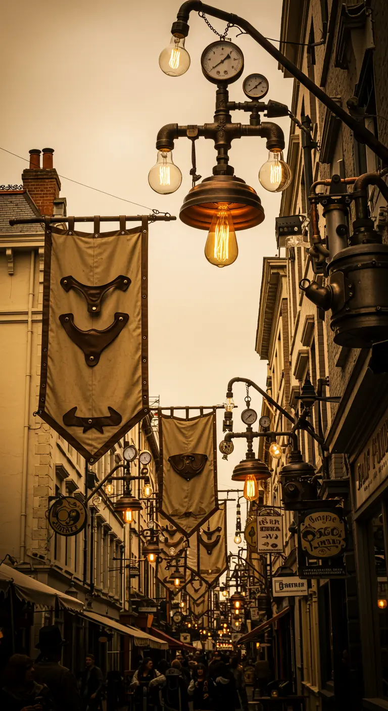 Calle de estilo steampunk con farolas industriales, engranajes y estandartes.