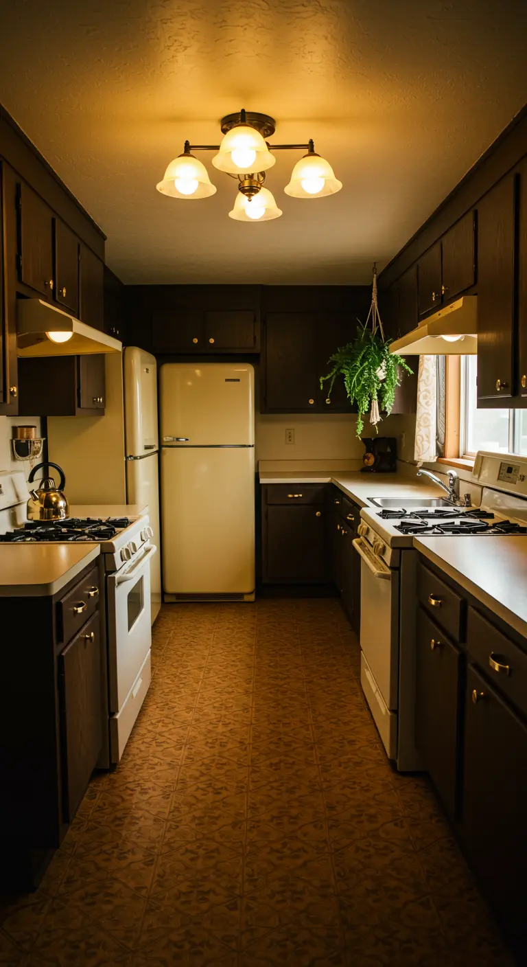 Cocina retro de los años 70 con armarios de madera oscura y electrodomésticos en color crema.