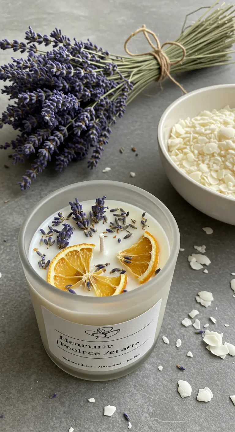 Vela en vaso esmerilado con flores de lavanda y rodajas de limón.