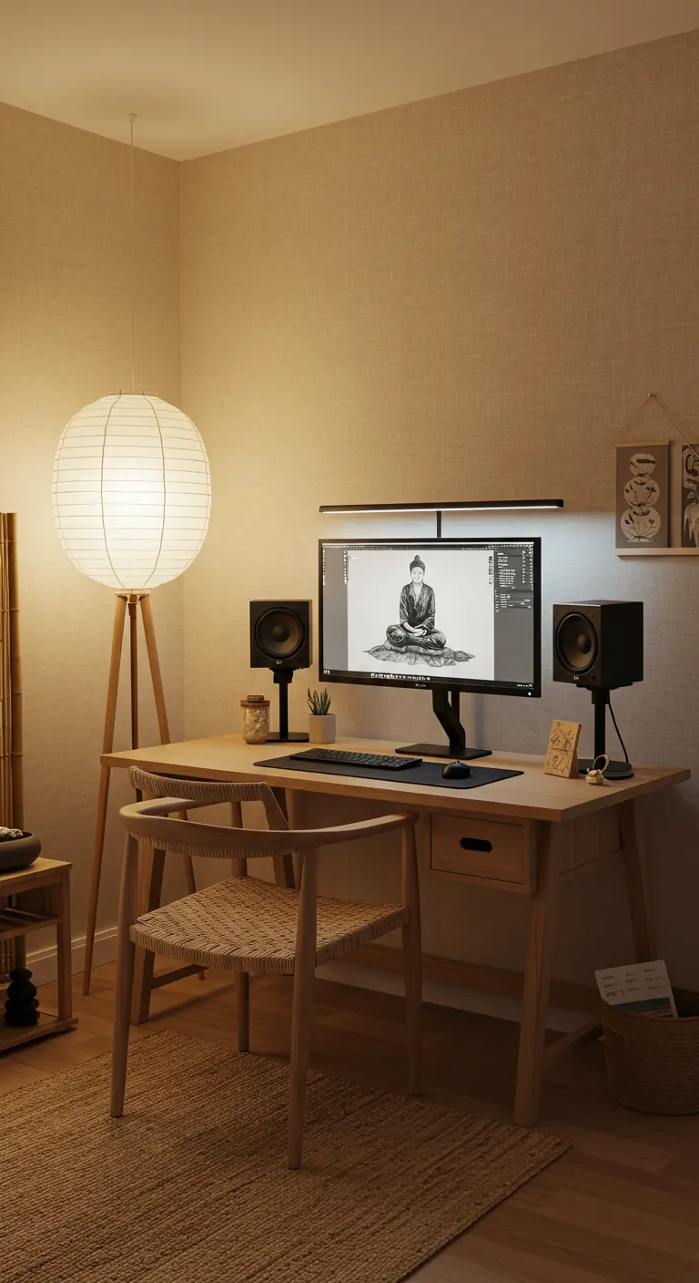 Rincón de trabajo de estilo Japandi con lámpara de papel y muebles de madera clara.