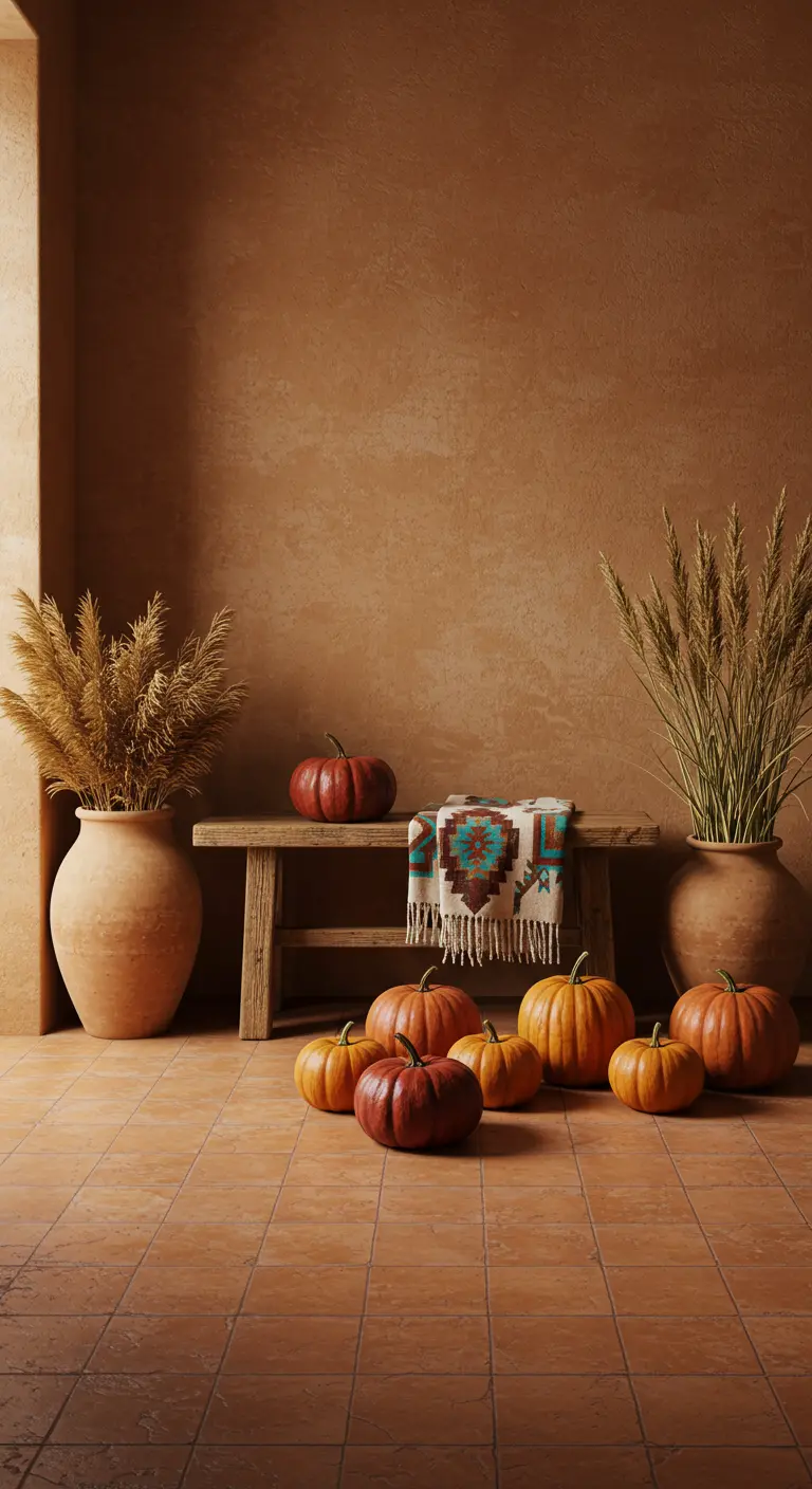 Rincón con paredes y suelo de terracota, un banco de madera, calabazas y jarrones con trigo.