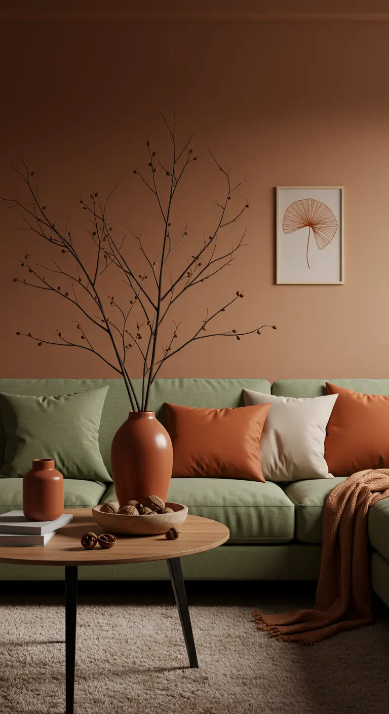 Salón minimalista con paredes terracota, sofá verde y un jarrón con ramas secas.