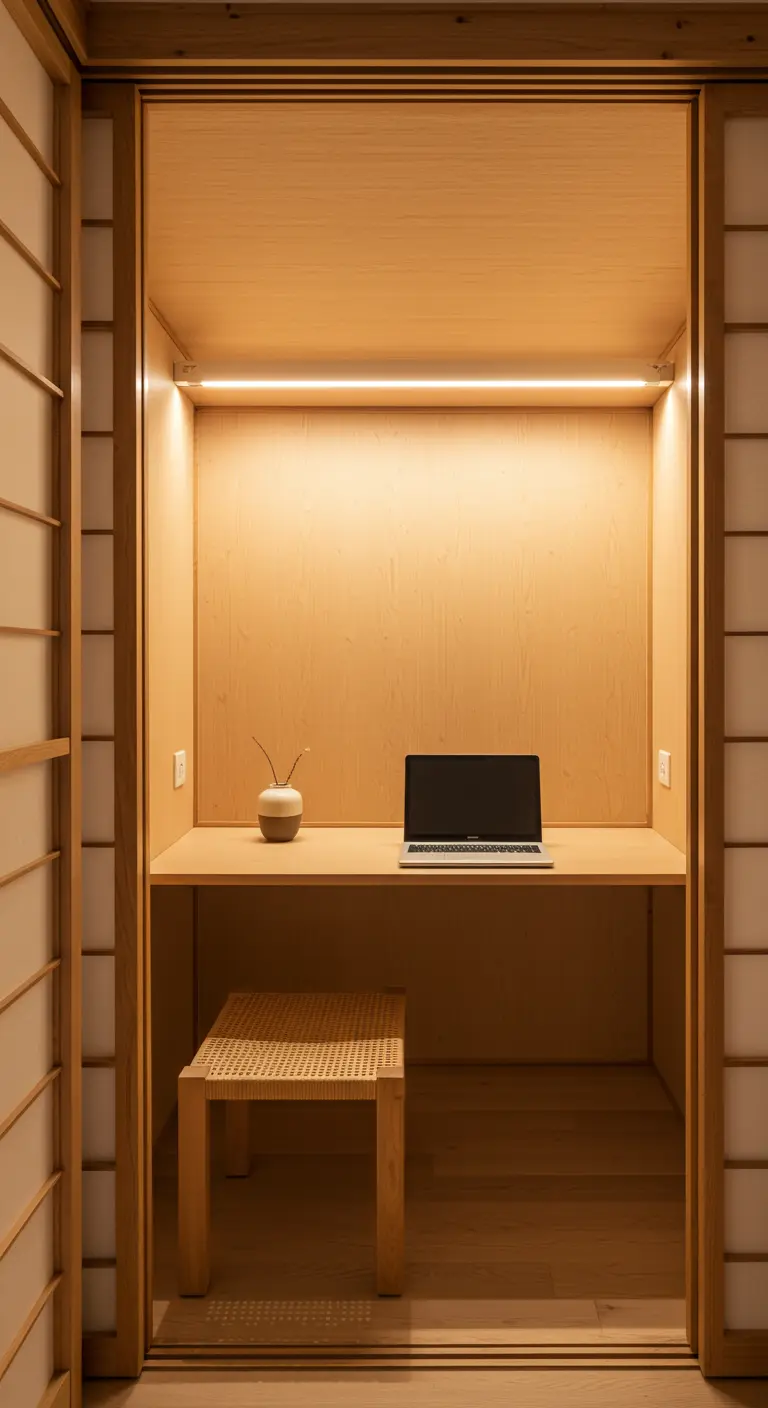 Oficina minimalista de estilo Japandi en un nicho de madera clara con iluminación LED integrada.