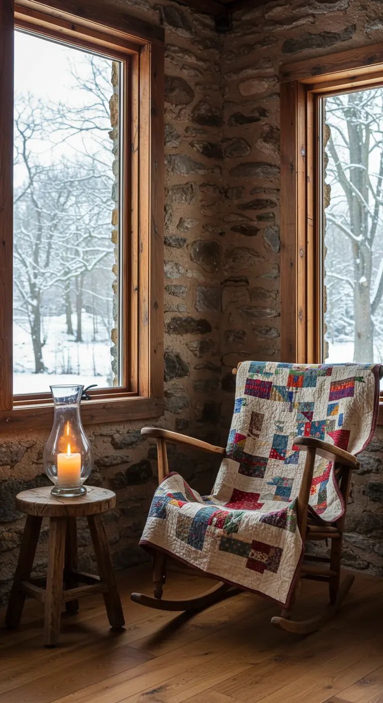 Mecedora con una colcha de patchwork junto a una pared de piedra y una vela encendida.