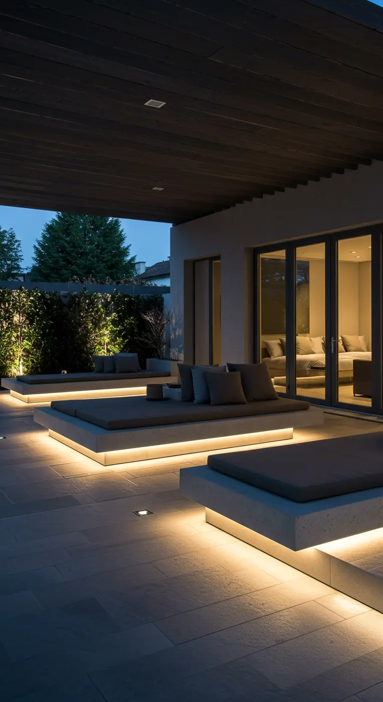 Patio con varias camas de día de obra, cada una iluminada por debajo con una suave luz LED cálida
