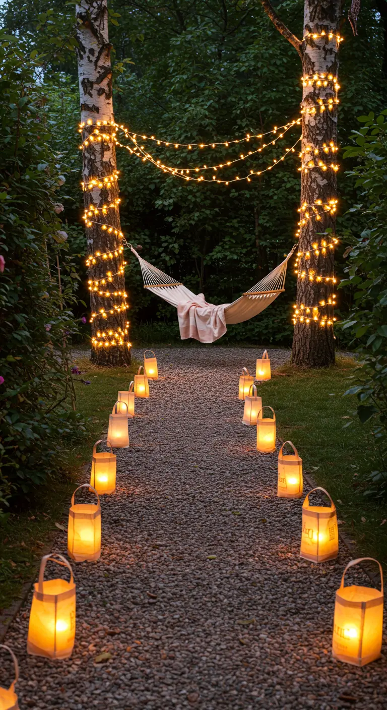 Camino de grava hacia una hamaca colgada entre dos árboles, todo iluminado con farolillos y luces.