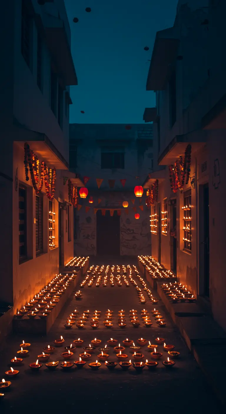 Un pasillo estrecho iluminado por cientos de pequeñas lámparas de aceite en el suelo.