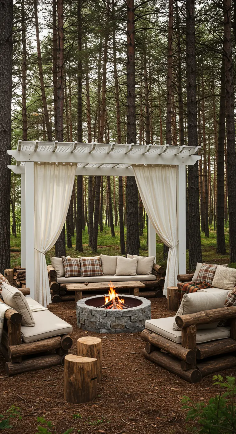Pérgola blanca en un bosque con muebles de troncos, fogón de piedra y cojines de cuadros.