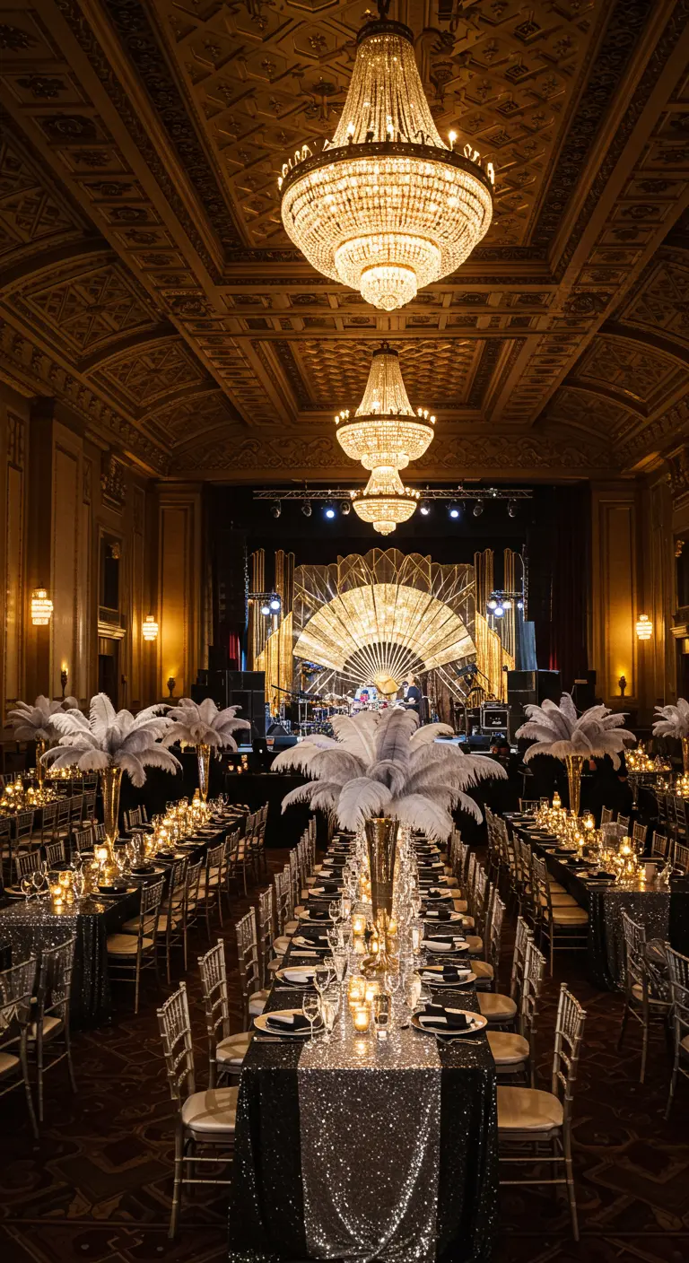 Salón de baile estilo Gran Gatsby con largas mesas, lentejuelas y plumas.