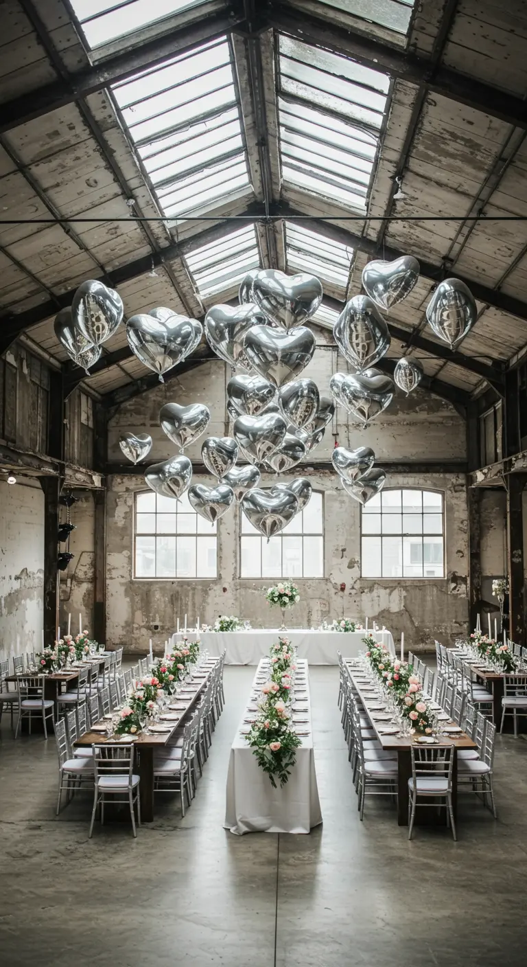 Gran cúmulo de globos de corazón plateados flotando en el centro de un salón industrial.
