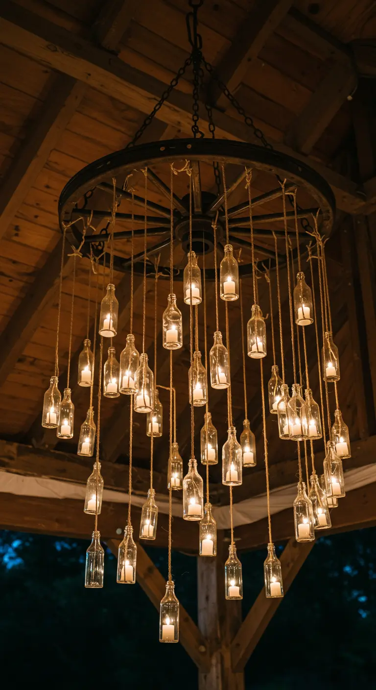 Candelabro hecho con una rueda de carro y botellas de vidrio colgantes con velas.