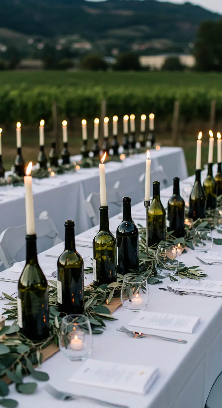 Mesa de banquete al aire libre con botellas de vino como candelabros para velas altas.