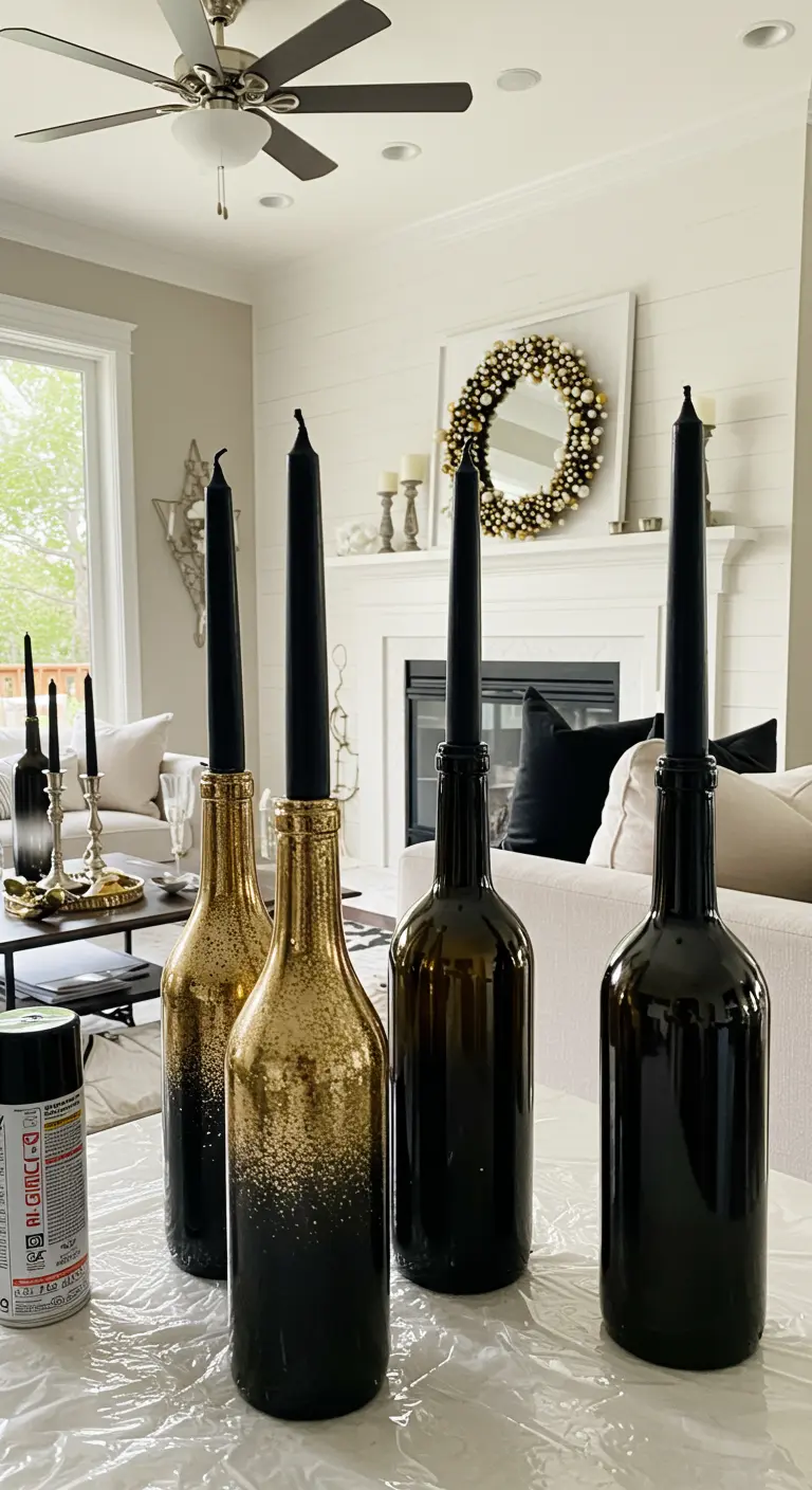 Botellas de vino reutilizadas como candelabros, pintadas en negro con un degradado dorado.