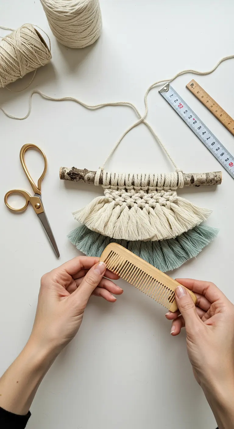 Manos peinando un tapiz de macramé en capas con colores crudo y verde menta.