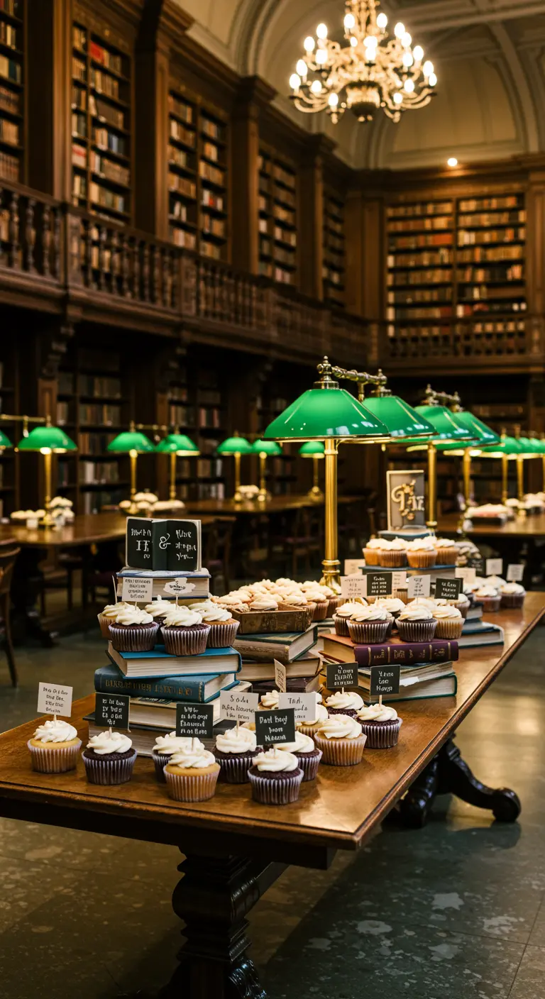 Cupcakes sobre una mesa de biblioteca, apilados sobre libros antiguos, con toppers de pizarra.