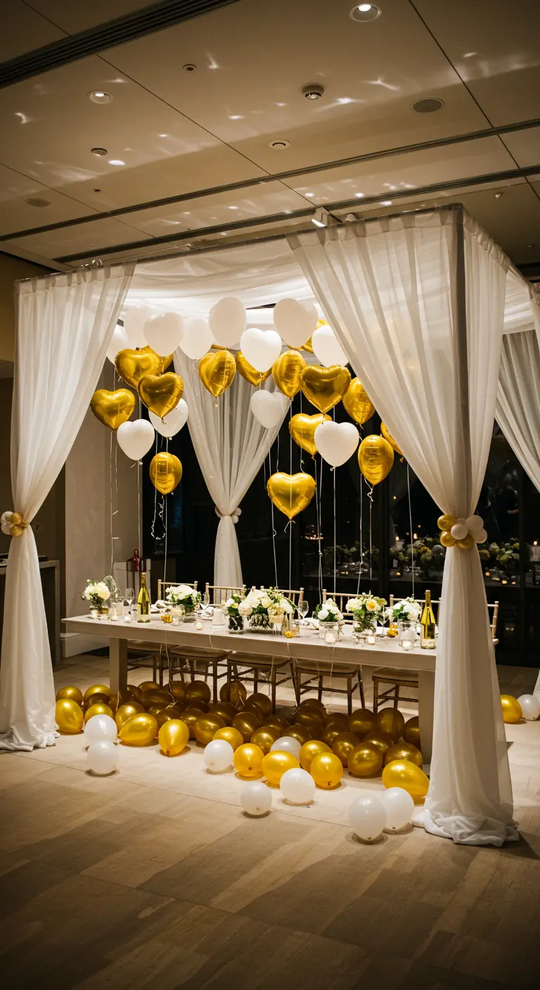 Mesa de comedor bajo un dosel de tela blanca con globos dorados y blancos a su alrededor.
