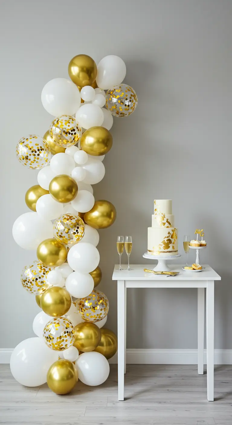 Guirnalda vertical de globos blancos, dorados y con confeti junto a una mesa de postres.