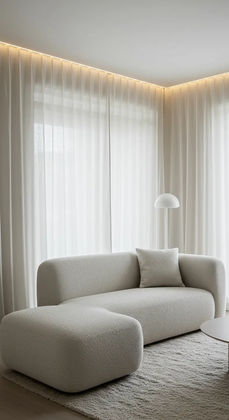 Cortinas blancas y translúcidas iluminadas desde arriba por una tira de LED oculta en el techo.