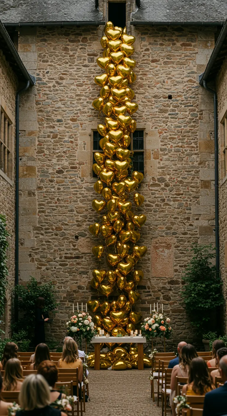 Una enorme cascada de globos dorados de corazón cayendo desde una ventana alta.