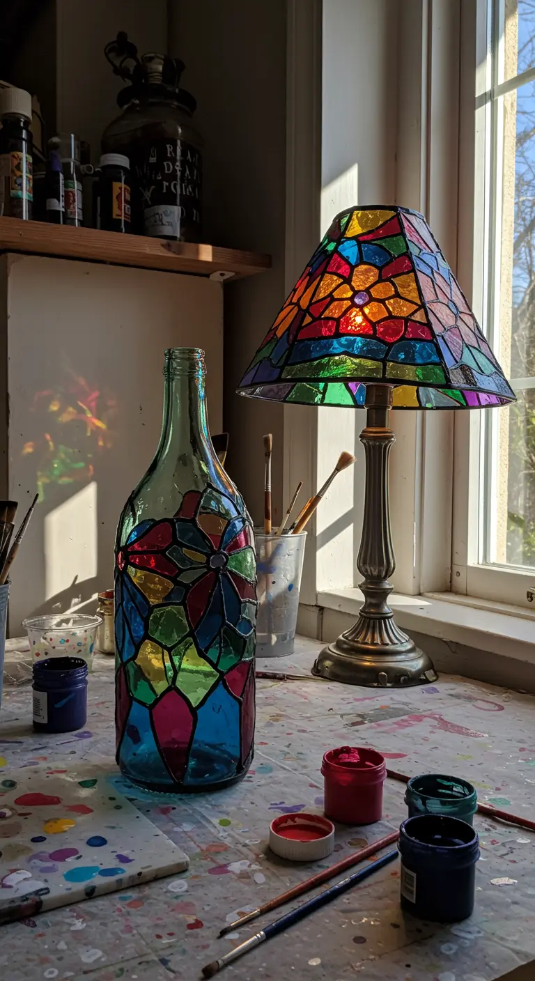 Botella de vidrio pintada a mano con un diseño de vidriera de colores y una lámpara a juego.