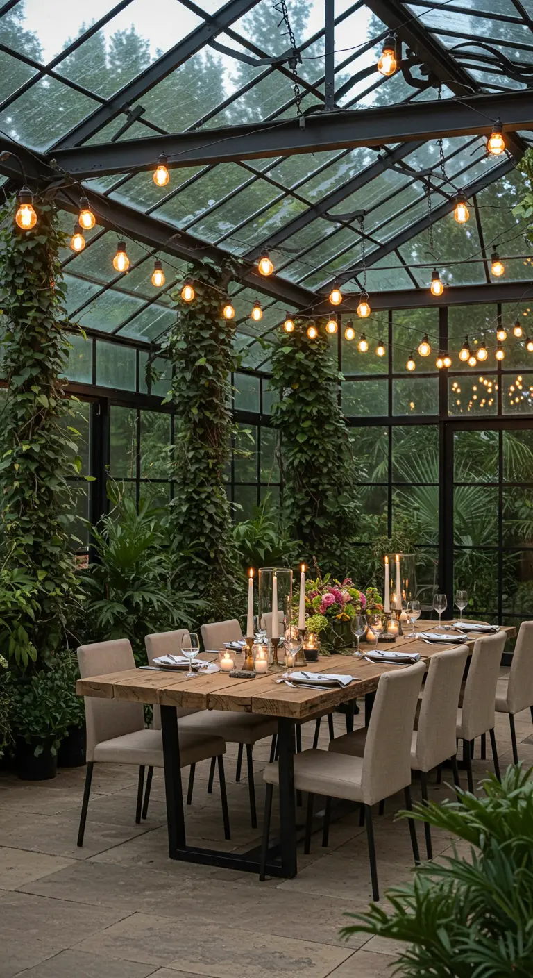 Comedor en un invernadero de noche, iluminado con guirnaldas de luces y velas.