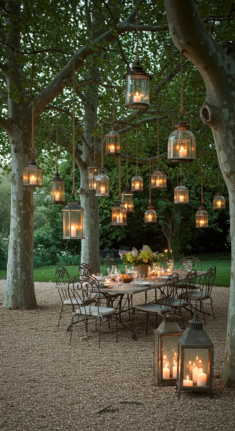 Mesa de comedor bajo los árboles iluminada por decenas de faroles de cristal colgando de las ramas