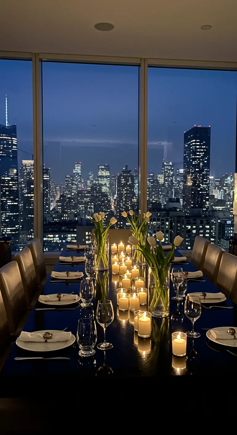 Mesa de comedor con vistas a un skyline nocturno, iluminada por docenas de velas.