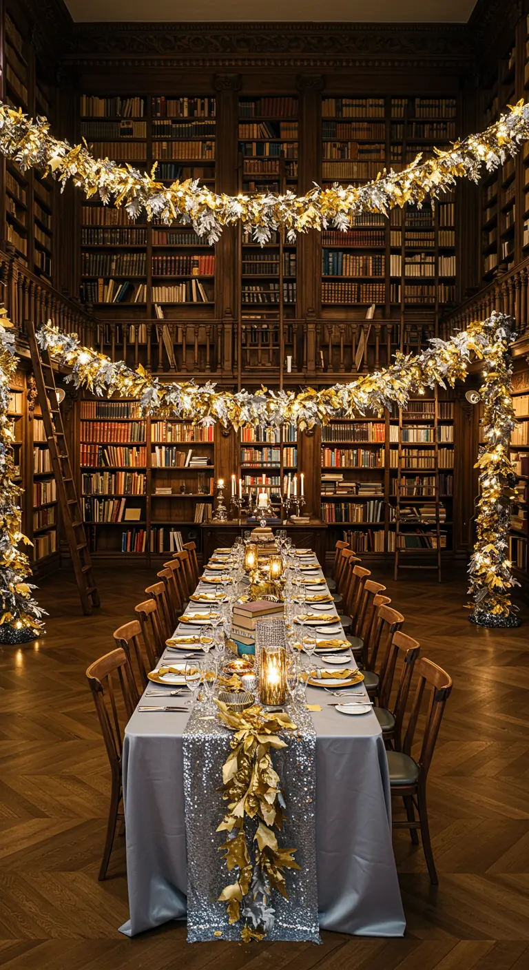 Larga mesa de comedor en una biblioteca decorada con guirnaldas doradas y plateadas iluminadas.